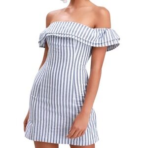 NWT Lulus Seaside Skipper Blue Striped Off-the-Shoulder Mini Dress S Cotton‎